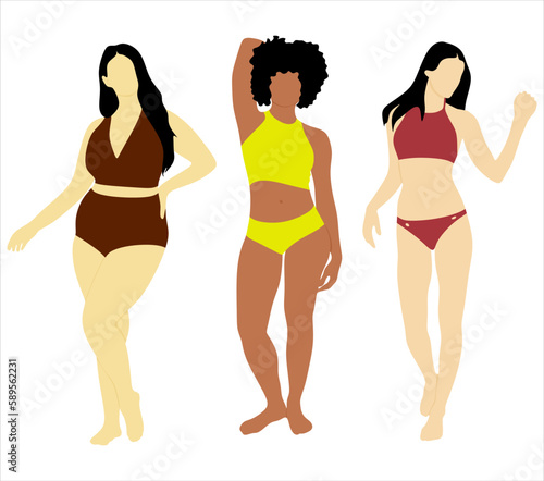 Body positive woman in bikini vector set. Female underwear illustration. Plus size and slim international and interracial woman.