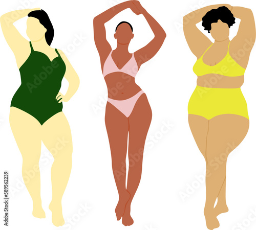 Body positive woman in bikini vector set. Female underwear illustration. Plus size and slim international and interracial woman.