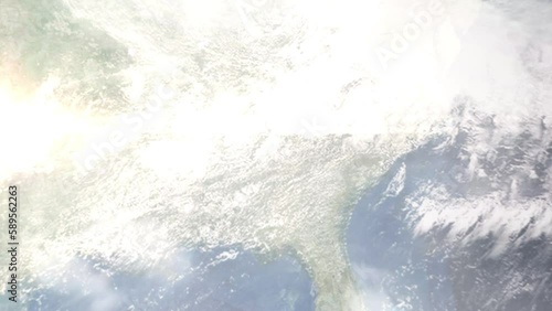 Earth zoom in from outer space to city. Zooming on Marietta, Georgia, USA. The animation continues by zoom out through clouds and atmosphere into space. Images from NASA photo