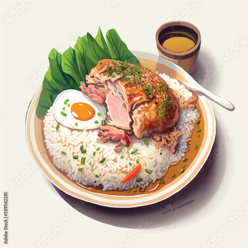 Khao Kha Moo (Pork Leg with Rice)  delicious meal, cartoon, art, elements for restaurant menu poster or stickers
