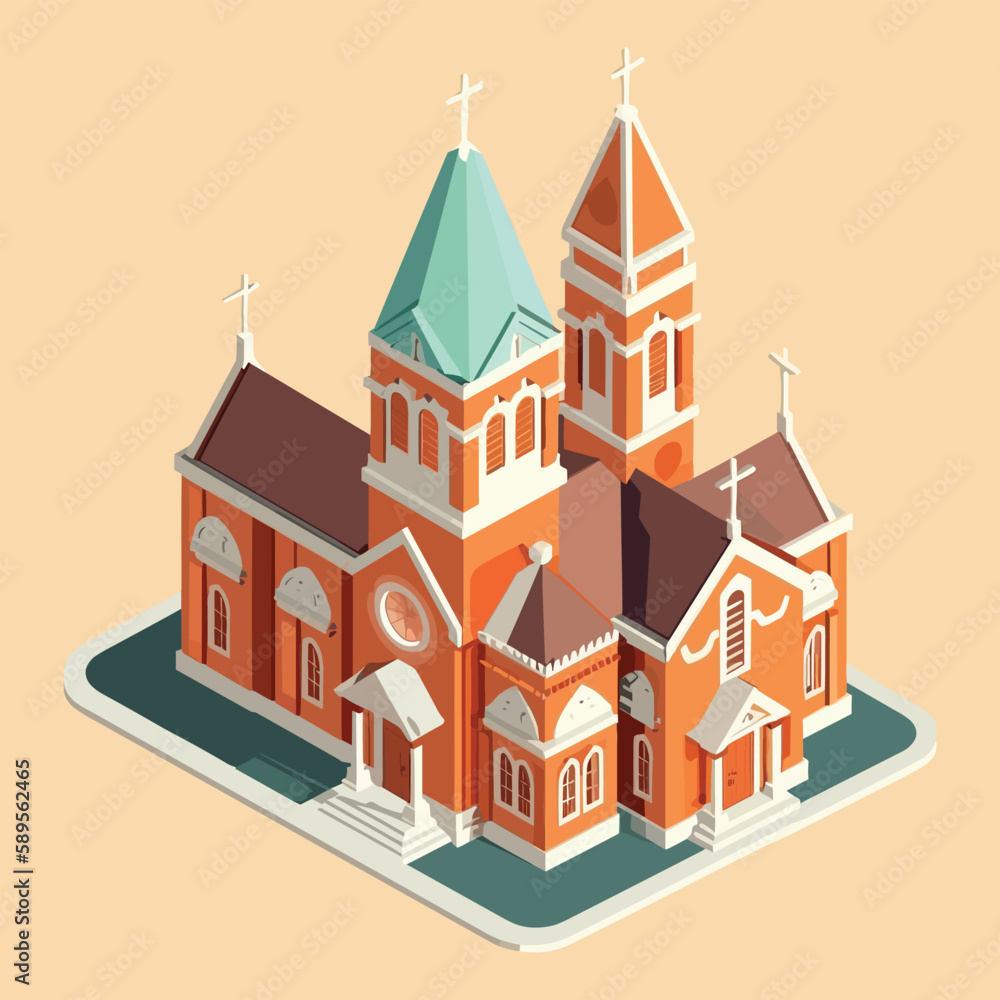   Christian Catholic Church Building 3d Vector illustration.Isolated , cartoon style. Can be used for wedding cards, game, web design