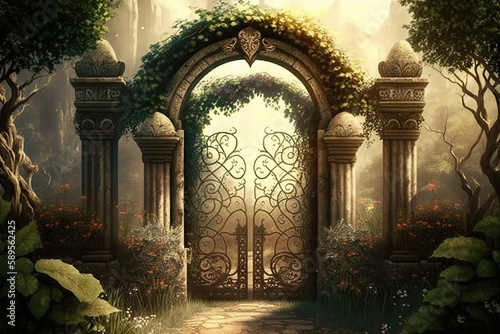 peaceful garden with heavenly gate, leading to eternal paradise, created with generative ai