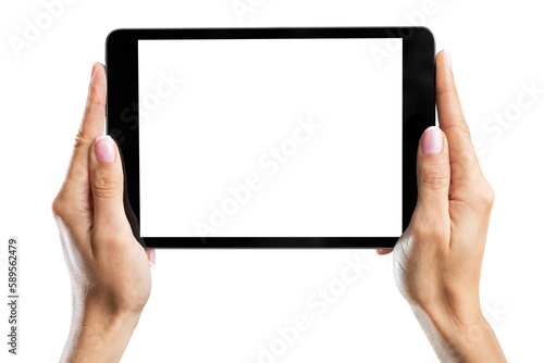 Woman holding   digital tablet on background