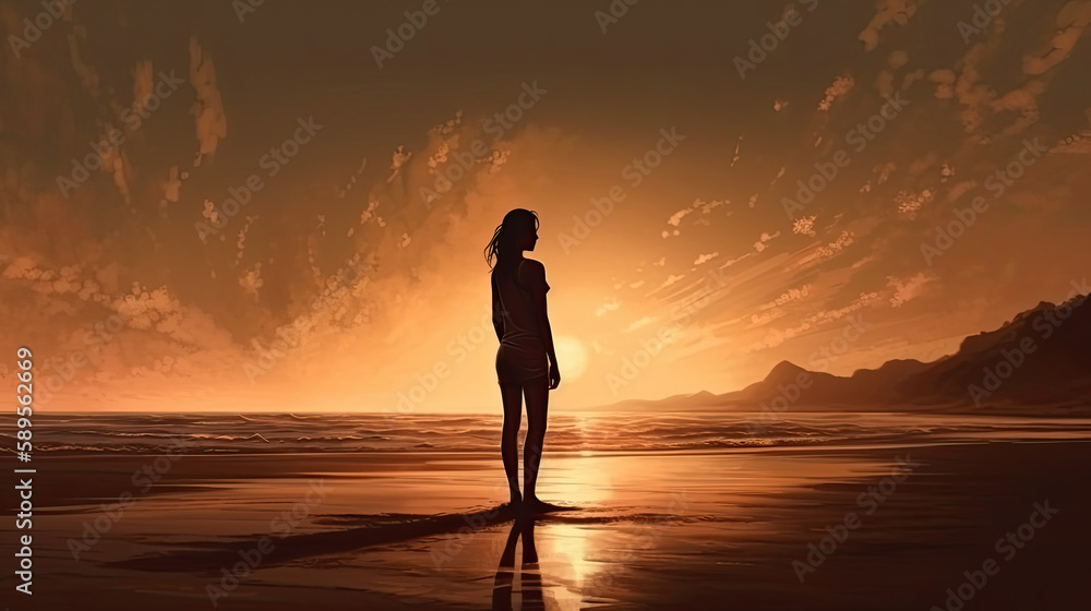 silhouette of a person on the beach at sunset created with Generative AI technology silhouette of a person on the beach at sunset created with Generative AI technology