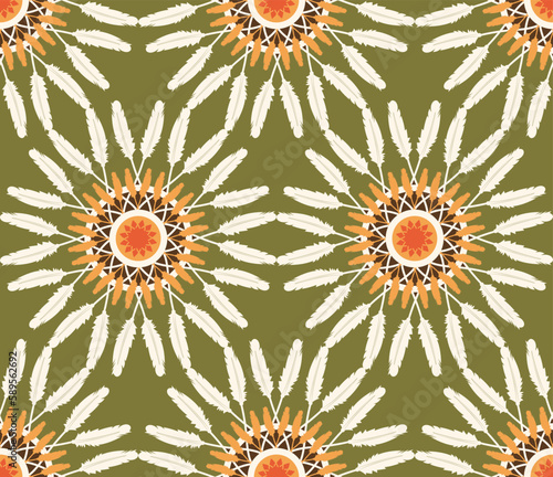 Abstract Hippie Boho Feathers Circles Seamless Vector Pattern Trendy Fashion Colors Perfect for Allover Fabric Print or Wrapping Paper
