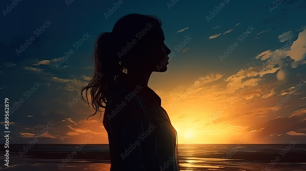 silhouette of a person on the beach at sunset created with Generative AI technology