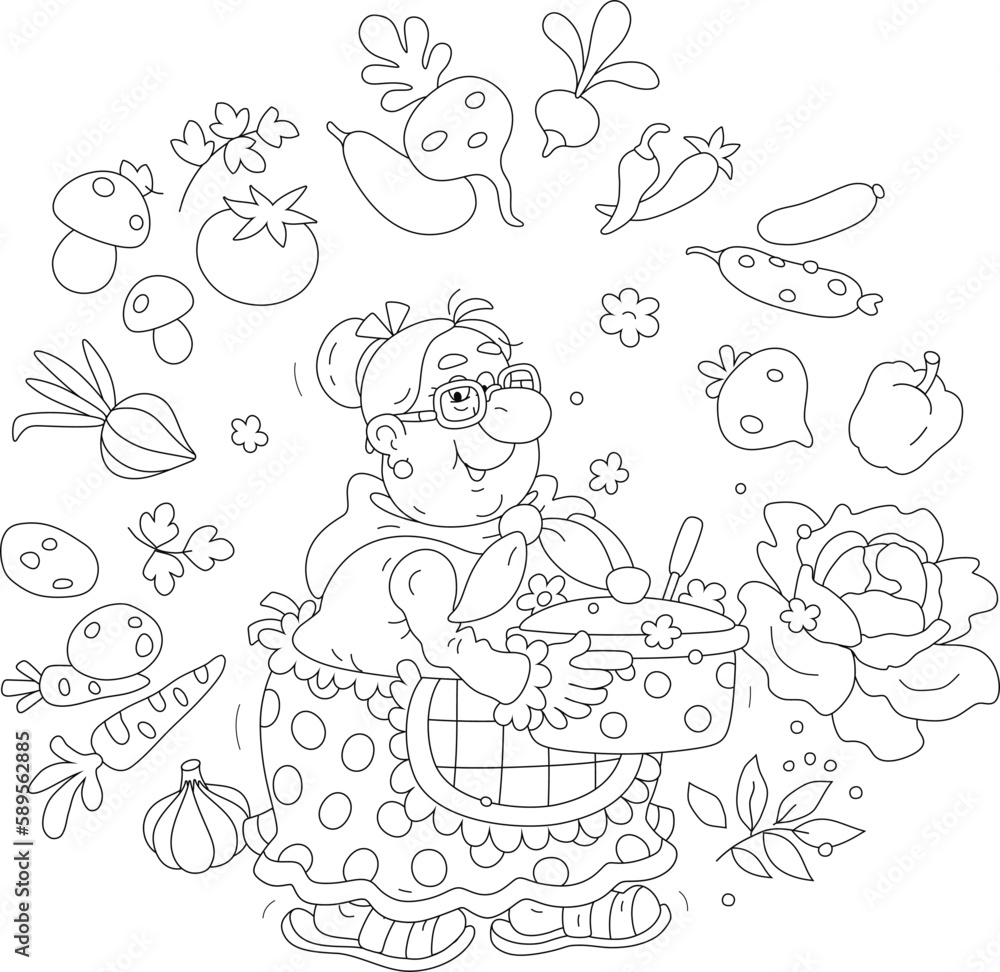 Funny granny holding a pan of an original tasty soup with fresh ripe vegetables from her summer kitchen garden, black and white outline vector cartoon illustration for a coloring book