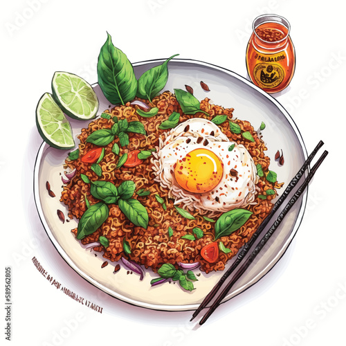 Khao Pad Nam Prik Narok (Spicy Fried Rice with Thai Chili Paste)  delicious meal, cartoon, art, elements for restaurant menu poster or stickers
