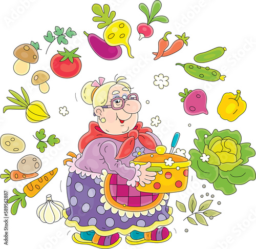 Funny granny holding a pan of an original tasty soup with fresh ripe vegetables from her summer kitchen garden, vector cartoon illustration isolated on a white background