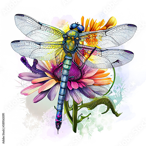 Obraz na plátně Colorful Beautiful Dragonfly with a Flower, Bright galaxy ang Glitter, Watercolor style Transparent Background