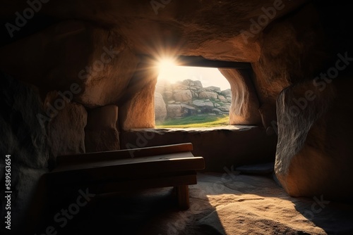 View from the stone inhabited cave on the natural landscape made with generative AI