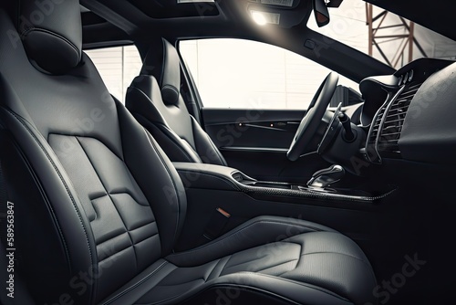 modern car interior with sleek and minimalist design, featuring black leather seats and metallic accents, created with generative ai © Natalia