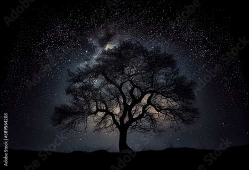 night starry sky between dark tree silhouette. Front view. Generative AI © Aiden