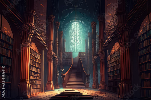 Fantasy library in old mystery castle. Generative AI