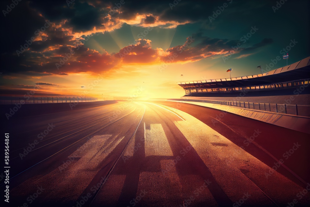 race track during sunset, with the sun casting warm and vibrant colors ...