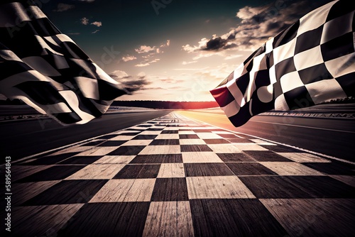 race track, with view of the finish line and checkered flag, created with generative ai photo