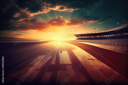 race track during sunset, with the sun casting warm and vibrant colors over the track, created with generative ai photo