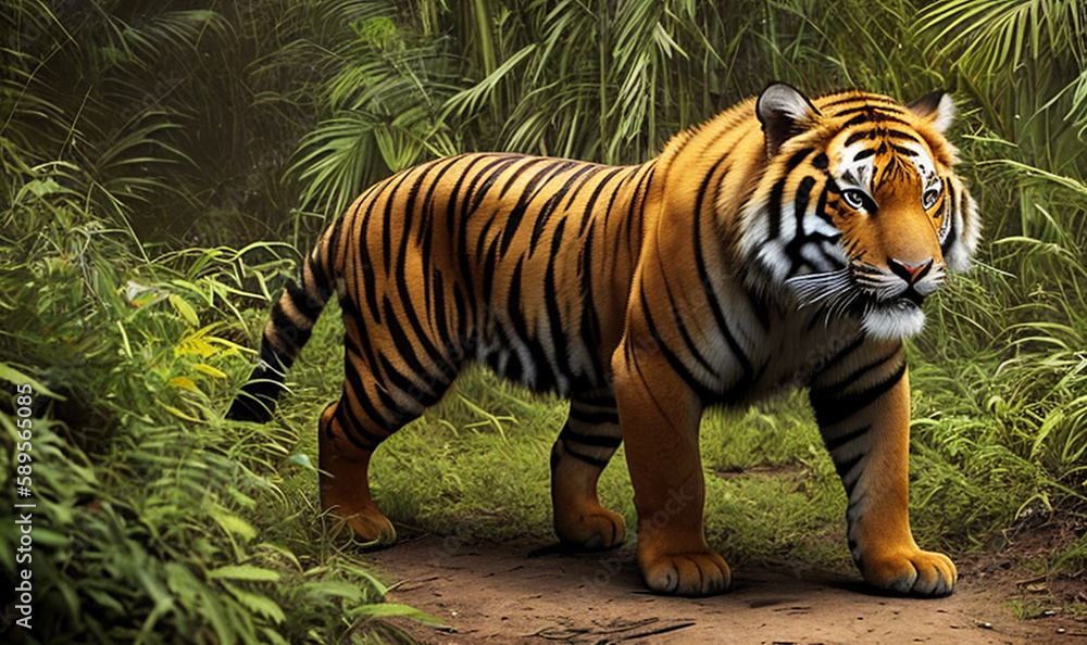 Obraz premium Decorative tiger portrait in the jungle, illustration. Generative AI