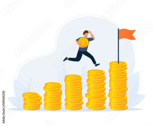Compound interest, money growth investment. Businessman putting coins in jar on money stack step growing growth saving money