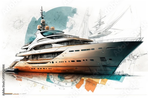 sketch of luxury yacht with modern interior and exterior designs, surrounded by clear waters, created with generative ai
