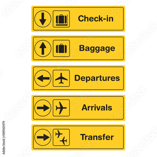 Icono de viaje de llegada de salida de señal de aeropuerto. Muestra de la línea aérea del tablero del aeropuerto, información del vuelo de la puerta. Vector. Vista de frente