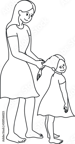 Mother is braiding daughter’s hair. Mom and daughter together. Mother’s Day theme. Vector art