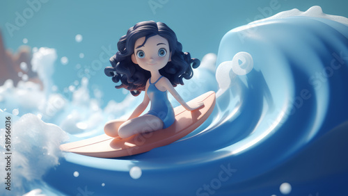 Girl on a surfboard on a wave. cartoon style illustration.  Generative AI