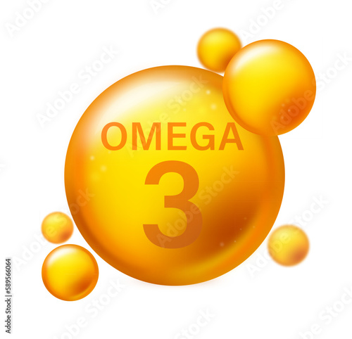 Omega 3. Vitamin drop, fish oil capsule, gold essence organic nutrition. Pill capcule. Vector illustration on white isolated background