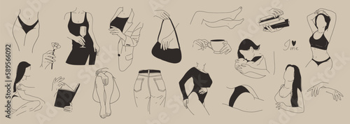 Lineart woman in trendy hand-drawn abstract minimalistic style. Vector illustration of female body in different poses with accessories, clothes, book in hands. Isolate on a beige background.