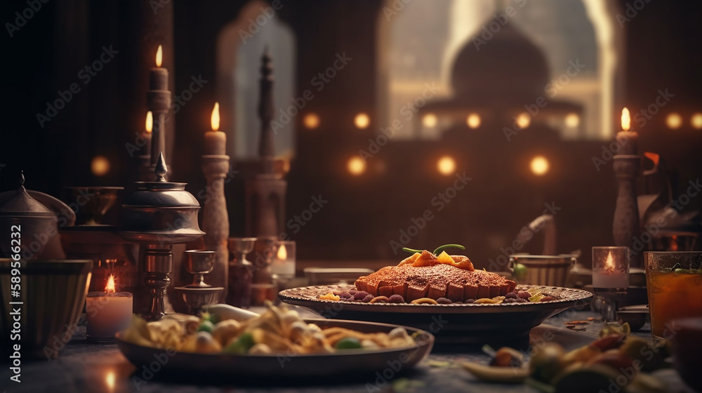 ramadan food mosque background , Generative AI , illustration