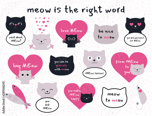 Canvas Print Set of meow stickers with different cats speaking funny phrases