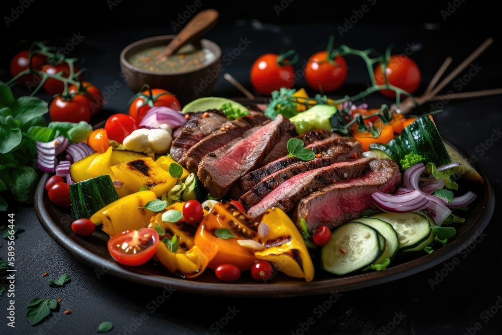 grill plate with juicy grilled beef and assortment of colorful vegetables, created with generative ai grill plate with juicy grilled beef and assortment of colorful vegetables, created with generative ai