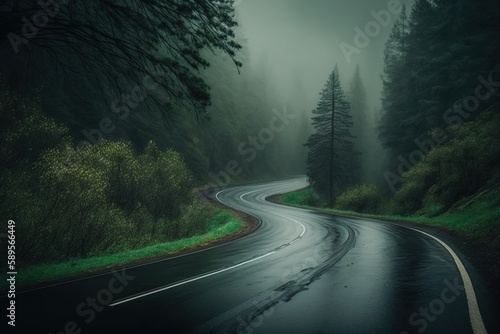 wet asphalt road through the forest. natural dramatic background. Generative AI