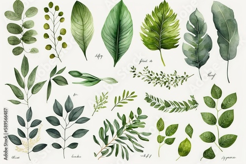 Watercolor elements of green leaves, greenery, artistic foliage, natural leaves, herbs in a watercolor style. decorative beauty illustration for design. generative AI