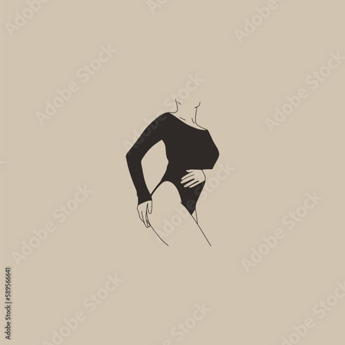 Lineart of a woman in a black bodysuit. Trend hand-drawn abstract minimalism style. Vector illustration of female body beautiful natural figure. Black isolate on a beige background.