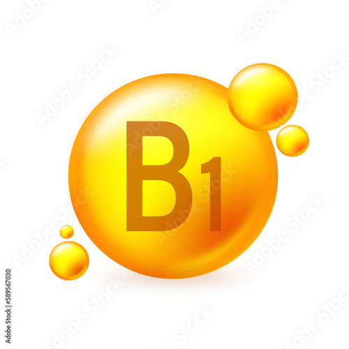 Vitamin B1 gold shining pill capcule icon. Pill capcule vector illustration on white isolated background