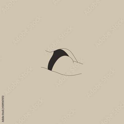 Lineart woman in trendy hand-drawn abstract minimalism style. A pelvis in panties, beautiful thighs and ass. Vector illustration of female body. Black isolate on a beige background.