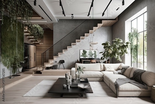 a modern and minimalist interior, with greenery and minimalistic accents, created with generative ai