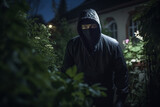A thief sneaks in the garden in a mask at night.  Generative AI