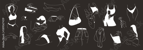 Lineart woman in trendy hand-drawn abstract minimalistic style. Vector illustration of female body in different poses with accessories, clothes, book in hands. White isolate on a black background.