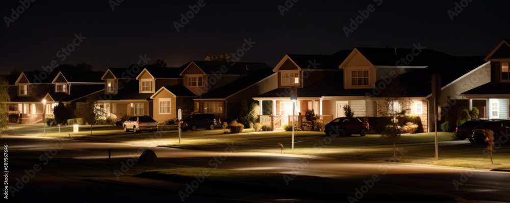 Residential neighborhood at night with lights for real estate and home ownership concept. Generative AI