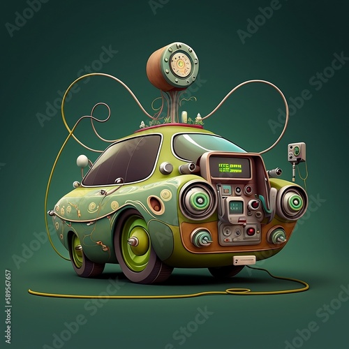 retro car illustration, car, electric car, Electric car in the style of Rick and Morty innovative, Created using generative AI