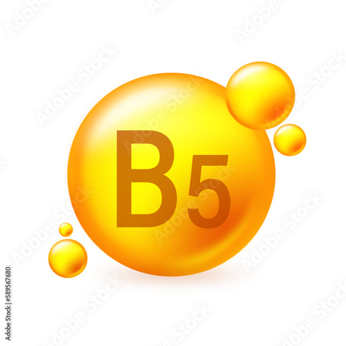 Vitamin B5 gold shining pill capcule icon. Pill capcule vector illustration on white isolated background