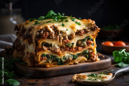 a stack of perfectly baked lasagnas, with each layer distinct and flavorful, created with generative ai photo