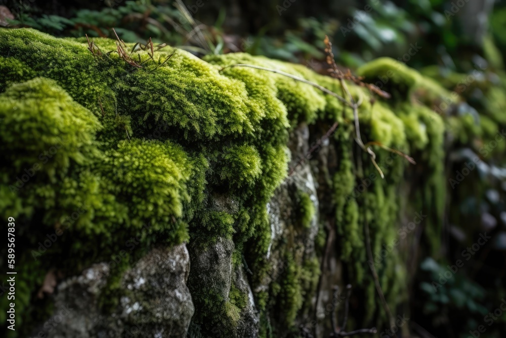 close-up of green moss on stone wall, created with generative ai