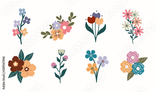 Botanical set of flowers, different flowers isolated on white background.  Clipart scrapbook