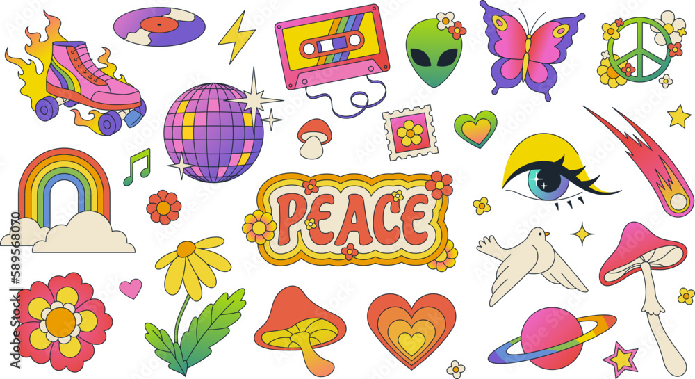 Funky 70s groovy elements, retro cartoon stickers, roller skates and disco ball. Trendy vintage hippie style fashion sticker, peace sign with daisy flowers, cute mushrooms, rainbow doodle vector set