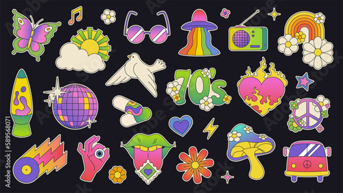 Retro 70s style psychedelic stickers, trendy vintage hippie fashion aesthetic elements, rainbow ufo, lava lamp. Colorful groovy neon disco ball, butterfly, trippy mushroom, flower sticker vector set