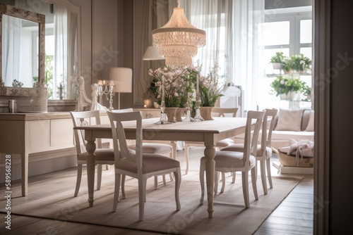 shabby chic dining table, with simple lines and metal legs, surrounded by luxurious chairs, created with generative ai