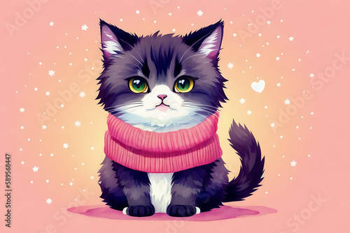 An adorable cute cat character warmed up in winter clothes standing in nice hat and scarf ready to celebrate christmas created with generative ai